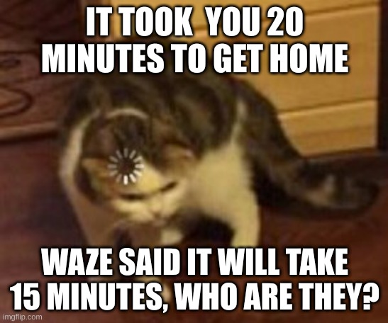 meme I stole from the interent #2 | IT TOOK  YOU 20 MINUTES TO GET HOME; WAZE SAID IT WILL TAKE 15 MINUTES, WHO ARE THEY? | image tagged in loading cat | made w/ Imgflip meme maker
