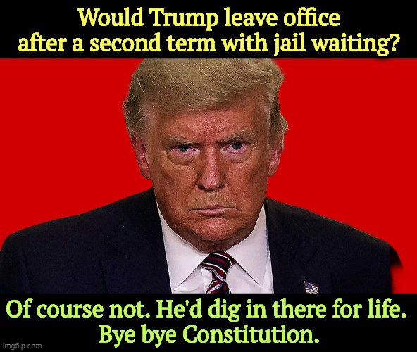 No more pesky elections to worry about. 2028 will be just a hole in the calendar. And 2032. And 2036. | Would Trump leave office after a second term with jail waiting? Of course not. He'd dig in there for life. 
Bye bye Constitution. | image tagged in trump,jail,white house,king,dictator,forever | made w/ Imgflip meme maker