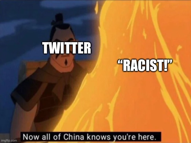 Now all of China knows you're here | TWITTER “RACIST!” | image tagged in now all of china knows you're here | made w/ Imgflip meme maker