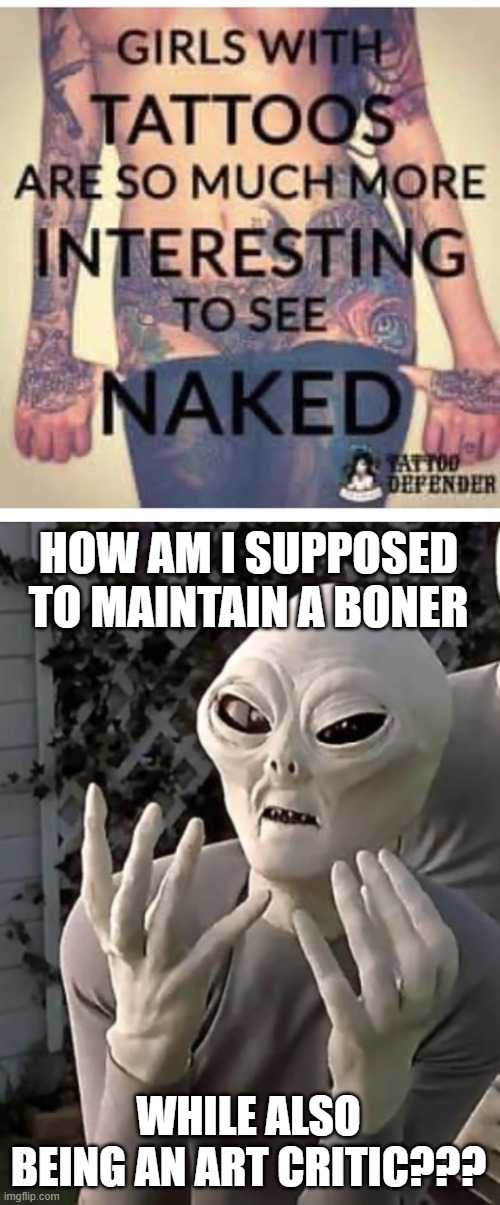 HOW AM I SUPPOSED TO MAINTAIN A BONER; WHILE ALSO BEING AN ART CRITIC??? | image tagged in tattoos,funny | made w/ Imgflip meme maker