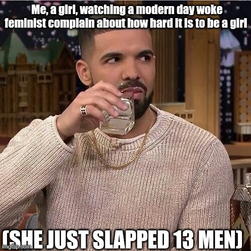 Drake's Side Eye | Me, a girl, watching a modern day woke feminist complain about how hard it is to be a girl; (SHE JUST SLAPPED 13 MEN) | image tagged in drake's side eye | made w/ Imgflip meme maker