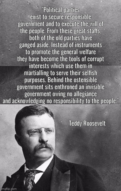 Teddy Roosevelt on political parties | "Political parties exist to secure responsible government and to execute the will of the people. From these great staffs, both of the old parties have ganged aside. Instead of instruments to promote the general welfare they have become the tools of corrupt interests which use them in martialling to serve their selfish purposes. Behind the ostensible government sits enthroned an invisible government owing no allegiance and acknowledging no responsibility to the people."; Teddy Roosevelt | image tagged in theodore roosevelt | made w/ Imgflip meme maker
