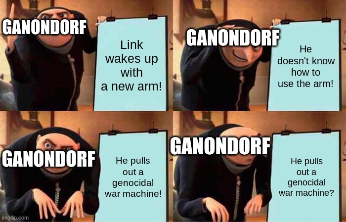 Ganondorf might not be the final Villain in TOTK | GANONDORF; GANONDORF; Link wakes up with a new arm! He doesn't know how to use the arm! GANONDORF; GANONDORF; He pulls out a genocidal war machine! He pulls out a genocidal war machine? | image tagged in memes,gru's plan | made w/ Imgflip meme maker