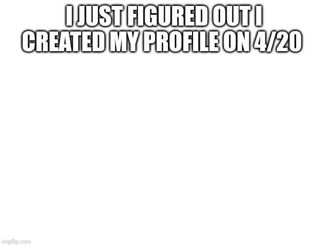 Idk | I JUST FIGURED OUT I CREATED MY PROFILE ON 4/20 | image tagged in blank white template | made w/ Imgflip meme maker