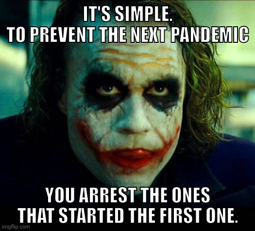 Prevent future pandemics. | IT'S SIMPLE.
TO PREVENT THE NEXT PANDEMIC; YOU ARREST THE ONES THAT STARTED THE FIRST ONE. | image tagged in memes | made w/ Imgflip meme maker