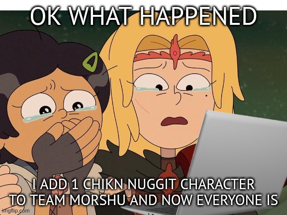 Crying at computer | OK WHAT HAPPENED; I ADD 1 CHIKN NUGGIT CHARACTER TO TEAM MORSHU AND NOW EVERYONE IS | image tagged in crying at computer | made w/ Imgflip meme maker