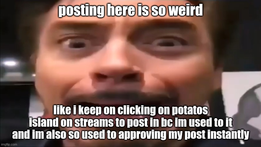 Robert Downey Jr Screaming | posting here is so weird; like i keep on clicking on potatos island on streams to post in bc im used to it and im also so used to approving my post instantly | image tagged in robert downey jr screaming | made w/ Imgflip meme maker