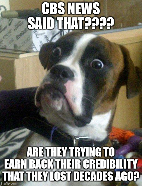 Blankie the Shocked Dog | CBS NEWS SAID THAT???? ARE THEY TRYING TO EARN BACK THEIR CREDIBILITY THAT THEY LOST DECADES AGO? | image tagged in blankie the shocked dog | made w/ Imgflip meme maker