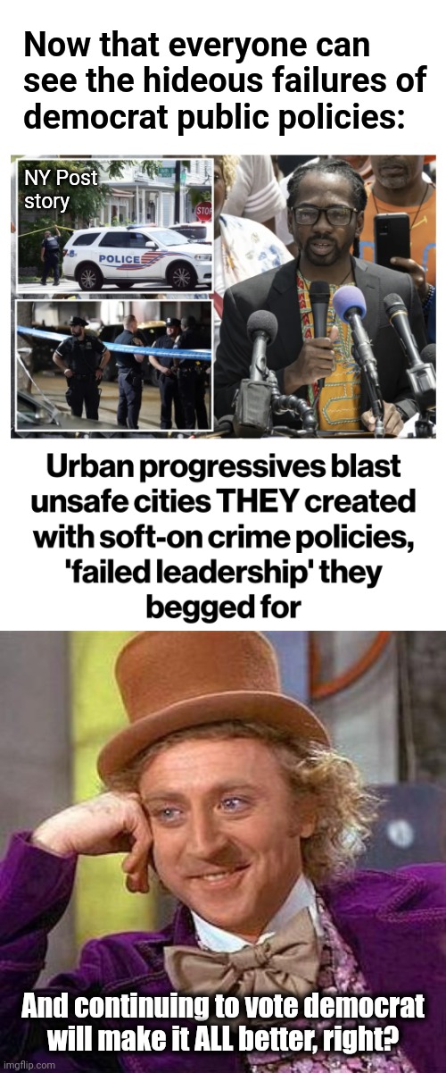 The vicious cycle of lib stupidity | Now that everyone can see the hideous failures of
democrat public policies:; NY Post
story; And continuing to vote democrat will make it ALL better, right? | image tagged in memes,creepy condescending wonka,cities,crime,democrats | made w/ Imgflip meme maker