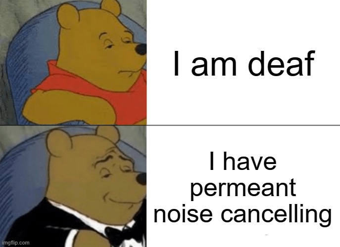 This does feel way better. | I am deaf; I have permeant noise cancelling | image tagged in memes,tuxedo winnie the pooh | made w/ Imgflip meme maker
