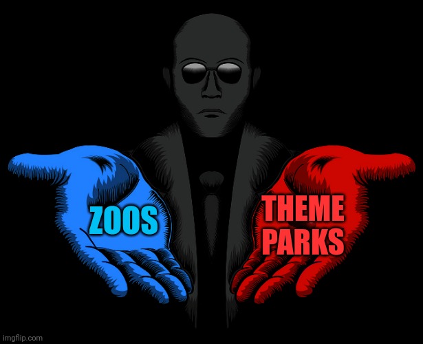 Which one? | THEME PARKS; ZOOS | image tagged in red or blue pill you live and learn,zoo,theme park | made w/ Imgflip meme maker