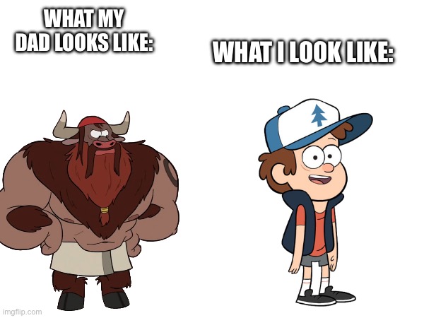WHAT I LOOK LIKE:; WHAT MY DAD LOOKS LIKE: | image tagged in memes,gravity falls,funny,funny memes,dad | made w/ Imgflip meme maker