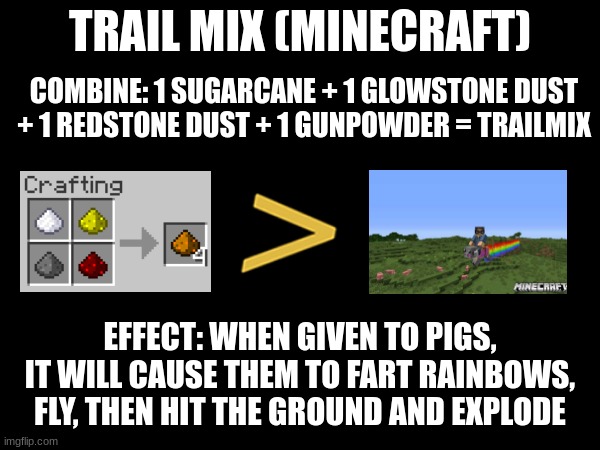 Minecraft Chemistry Poster for Trail Mix | TRAIL MIX (MINECRAFT); COMBINE: 1 SUGARCANE + 1 GLOWSTONE DUST + 1 REDSTONE DUST + 1 GUNPOWDER = TRAILMIX; EFFECT: WHEN GIVEN TO PIGS, IT WILL CAUSE THEM TO FART RAINBOWS, FLY, THEN HIT THE GROUND AND EXPLODE | image tagged in memes,minecraft,funny | made w/ Imgflip meme maker