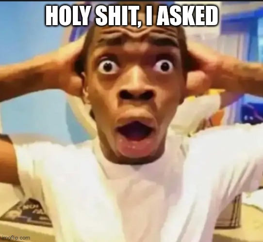 Surprised Black Guy | HOLY SHIT, I ASKED | image tagged in surprised black guy | made w/ Imgflip meme maker