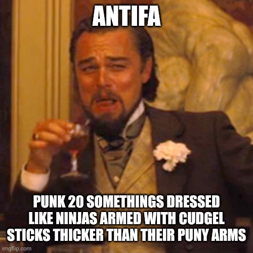 Laughing Leo Meme | ANTIFA PUNK 20 SOMETHINGS DRESSED LIKE NINJAS ARMED WITH CUDGEL STICKS THICKER THAN THEIR PUNY ARMS | image tagged in memes,laughing leo | made w/ Imgflip meme maker