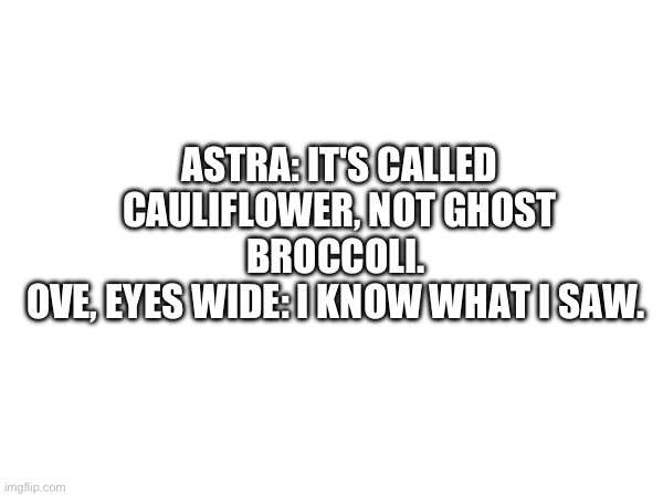 Yup feels accurate | ASTRA: IT'S CALLED CAULIFLOWER, NOT GHOST BROCCOLI. 
OVE, EYES WIDE: I KNOW WHAT I SAW. | made w/ Imgflip meme maker
