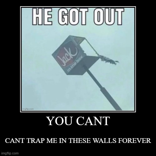 YOU CANT | CANT TRAP ME IN THESE WALLS FOREVER | image tagged in funny,demotivationals | made w/ Imgflip demotivational maker