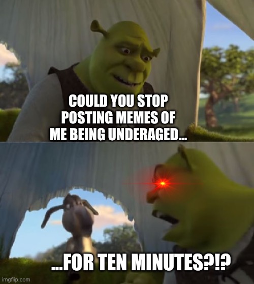 send this to splodgeofchippy | COULD YOU STOP POSTING MEMES OF ME BEING UNDERAGED…; …FOR TEN MINUTES?!? | image tagged in shrek for five minutes | made w/ Imgflip meme maker