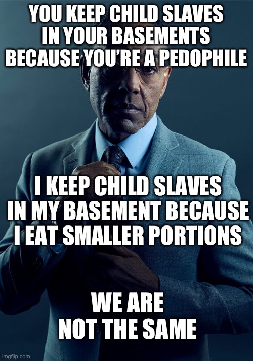 Smaller servings | YOU KEEP CHILD SLAVES IN YOUR BASEMENTS BECAUSE YOU’RE A PEDOPHILE; I KEEP CHILD SLAVES IN MY BASEMENT BECAUSE I EAT SMALLER PORTIONS; WE ARE NOT THE SAME | image tagged in gus fring we are not the same,cannibalism,children,slaves,basement | made w/ Imgflip meme maker