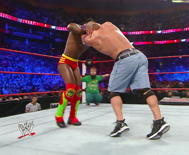 High Quality Hornswoggle watching John Cena and Kofi Kingston fight Blank Meme Template