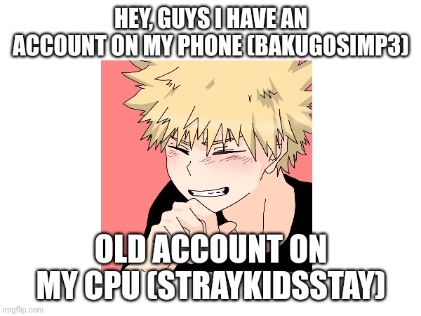 Hey | HEY, GUYS I HAVE AN ACCOUNT ON MY PHONE (BAKUGOSIMP3); OLD ACCOUNT ON MY CPU (STRAYKIDSSTAY) | image tagged in new account | made w/ Imgflip meme maker