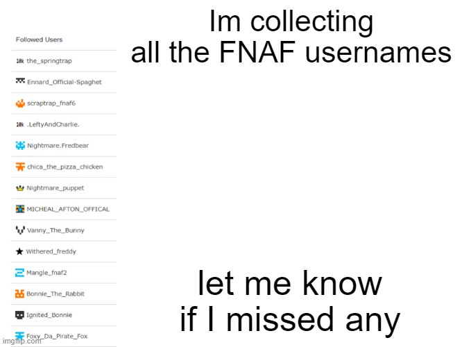 Gotta catch em' all | Im collecting all the FNAF usernames; let me know if I missed any | made w/ Imgflip meme maker