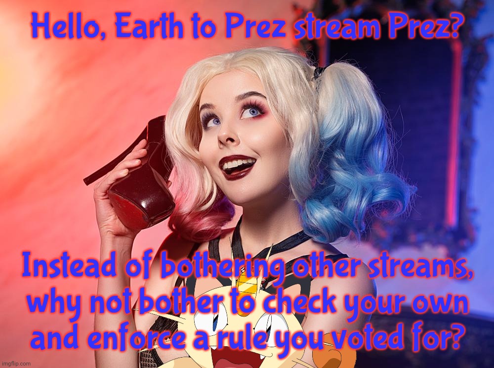 Helly Von | Hello, Earth to Prez stream Prez? Instead of bothering other streams,
why not bother to check your own
and enforce a rule you voted for? | image tagged in helly von | made w/ Imgflip meme maker