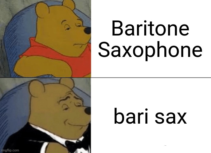 Shmaxophone | Baritone Saxophone; bari sax | image tagged in memes,tuxedo winnie the pooh,saxophone,music,funny,lol | made w/ Imgflip meme maker