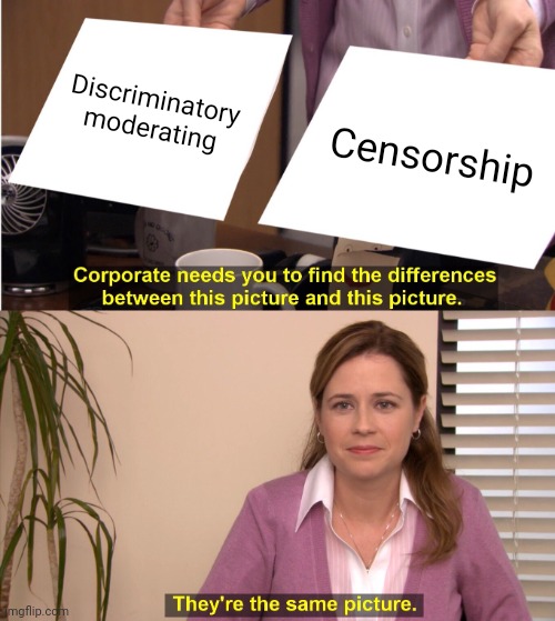 They're The Same Picture Meme | Discriminatory moderating Censorship | image tagged in memes,they're the same picture | made w/ Imgflip meme maker