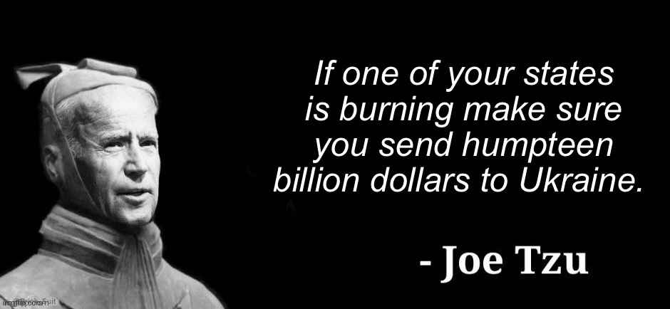 Joe protects other countries | If one of your states is burning make sure you send humpteen billion dollars to Ukraine. | image tagged in joe tzu,politics lol,memes | made w/ Imgflip meme maker