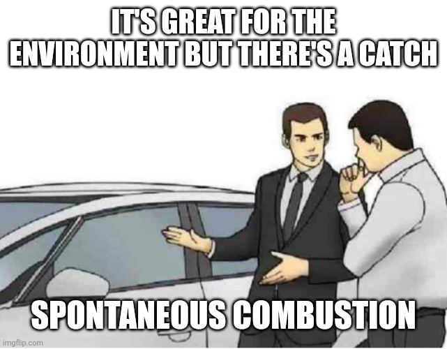 You need to worry about that part. | IT'S GREAT FOR THE ENVIRONMENT BUT THERE'S A CATCH; SPONTANEOUS COMBUSTION | image tagged in slaps car | made w/ Imgflip meme maker