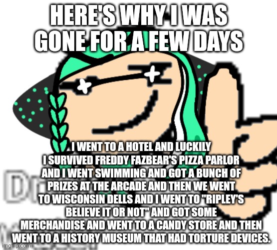 Yuh | HERE'S WHY I WAS GONE FOR A FEW DAYS; I WENT TO A HOTEL AND LUCKILY I SURVIVED FREDDY FAZBEAR'S PIZZA PARLOR AND I WENT SWIMMING AND GOT A BUNCH OF PRIZES AT THE ARCADE AND THEN WE WENT TO WISCONSIN DELLS AND I WENT TO "RIPLEY'S BELIEVE IT OR NOT" AND GOT SOME MERCHANDISE AND WENT TO A CANDY STORE AND THEN WENT TO A HISTORY MUSEUM THAT HAD TORTURE DEVICES. | made w/ Imgflip meme maker