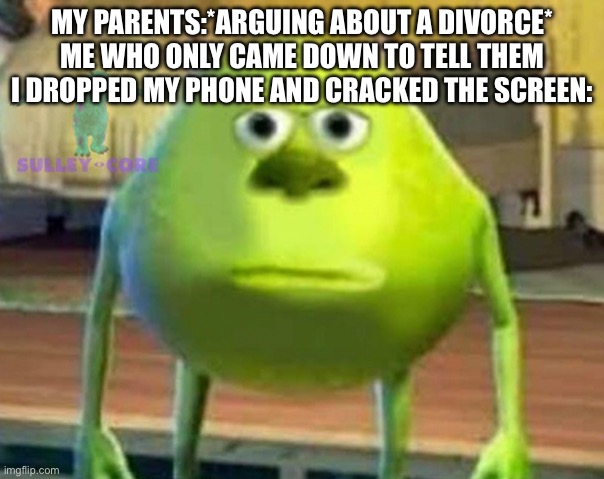 Why did I make this? | MY PARENTS:*ARGUING ABOUT A DIVORCE*
ME WHO ONLY CAME DOWN TO TELL THEM I DROPPED MY PHONE AND CRACKED THE SCREEN: | image tagged in monsters inc | made w/ Imgflip meme maker
