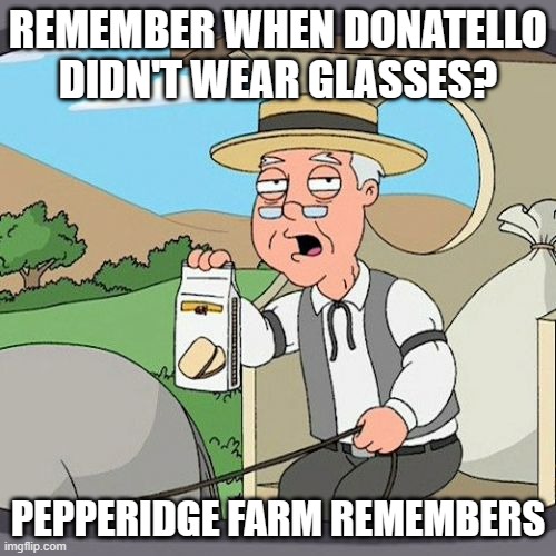 I get that he's the smart one of the group, but did they have make him basically Velma Dinkley? | REMEMBER WHEN DONATELLO DIDN'T WEAR GLASSES? PEPPERIDGE FARM REMEMBERS | image tagged in memes,pepperidge farm remembers,teenage mutant ninja turtles,tmnt,mutant mayhem,paramount | made w/ Imgflip meme maker
