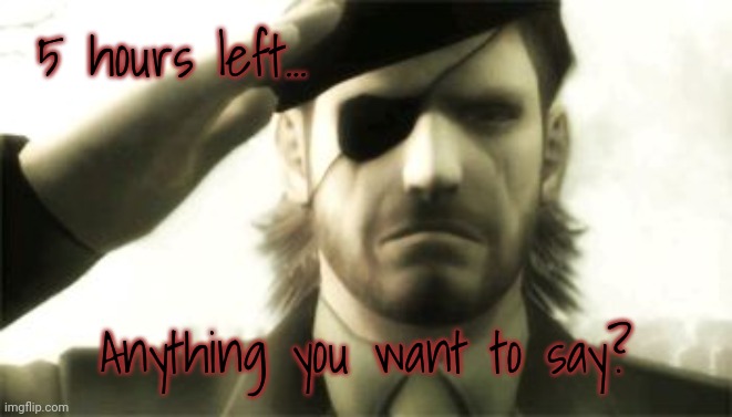 Big Boss Salute | 5 hours left... Anything you want to say? | image tagged in big boss salute | made w/ Imgflip meme maker