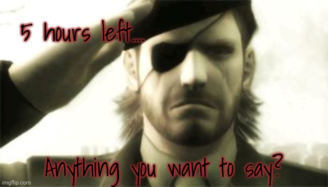 Big Boss Salute | 5 hours left.... Anything you want to say? | image tagged in big boss salute | made w/ Imgflip meme maker