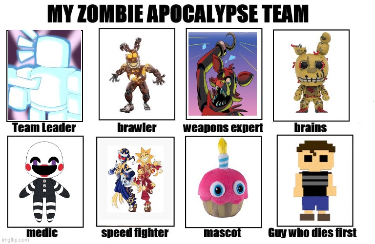 I’m putting sun and moon together because you can’t have on without the other | image tagged in my zombie apocalypse team,fnaf,gaming,funny,memes,relatable | made w/ Imgflip meme maker