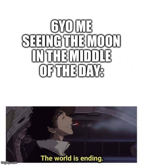 True story | 6YO ME SEEING THE MOON IN THE MIDDLE OF THE DAY: | image tagged in the world is ending | made w/ Imgflip meme maker