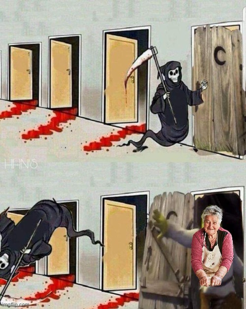 Death knocking on Shrek's Door | image tagged in death knocking on shrek's door | made w/ Imgflip meme maker