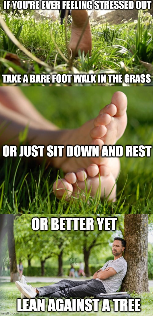 LET NATURE TAKE YOUR STRESS AWAY | IF YOU'RE EVER FEELING STRESSED OUT; TAKE A BARE FOOT WALK IN THE GRASS; OR JUST SIT DOWN AND REST; OR BETTER YET; LEAN AGAINST A TREE | image tagged in nature,grass,trees,wholesome | made w/ Imgflip meme maker
