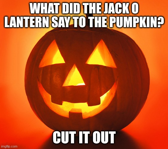 Jack o lantern jokester | WHAT DID THE JACK O LANTERN SAY TO THE PUMPKIN? CUT IT OUT | image tagged in jack-o-lantern,puns | made w/ Imgflip meme maker
