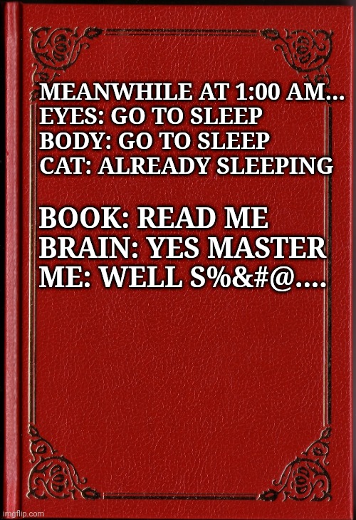 Late nite read | MEANWHILE AT 1:00 AM...

EYES: GO TO SLEEP

BODY: GO TO SLEEP

CAT: ALREADY SLEEPING; BOOK: READ ME

BRAIN: YES MASTER

ME: WELL S%&#@.... | image tagged in blank book | made w/ Imgflip meme maker