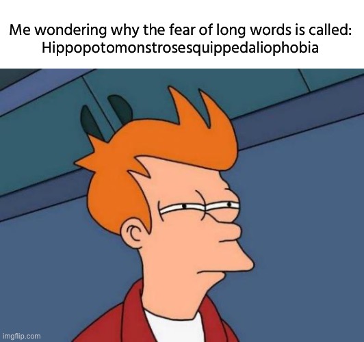 How ironic | Me wondering why the fear of long words is called:
Hippopotomonstrosesquippedaliophobia | image tagged in memes,futurama fry,funny,fear of long words | made w/ Imgflip meme maker