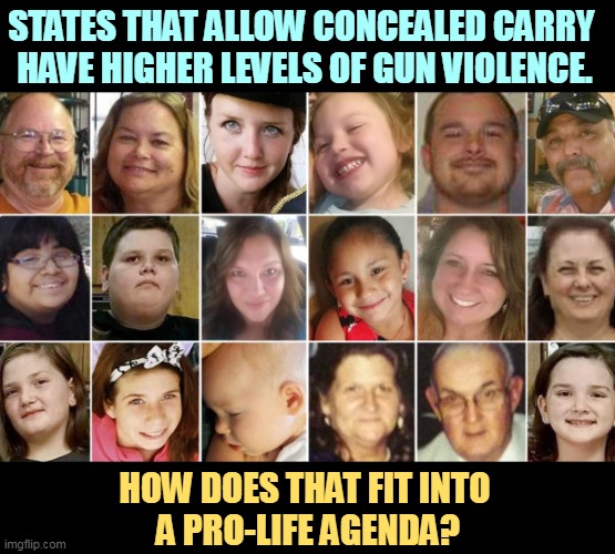 STATES THAT ALLOW CONCEALED CARRY 
HAVE HIGHER LEVELS OF GUN VIOLENCE. HOW DOES THAT FIT INTO 
A PRO-LIFE AGENDA? | image tagged in guns,violence,massacre,death,suicide | made w/ Imgflip meme maker