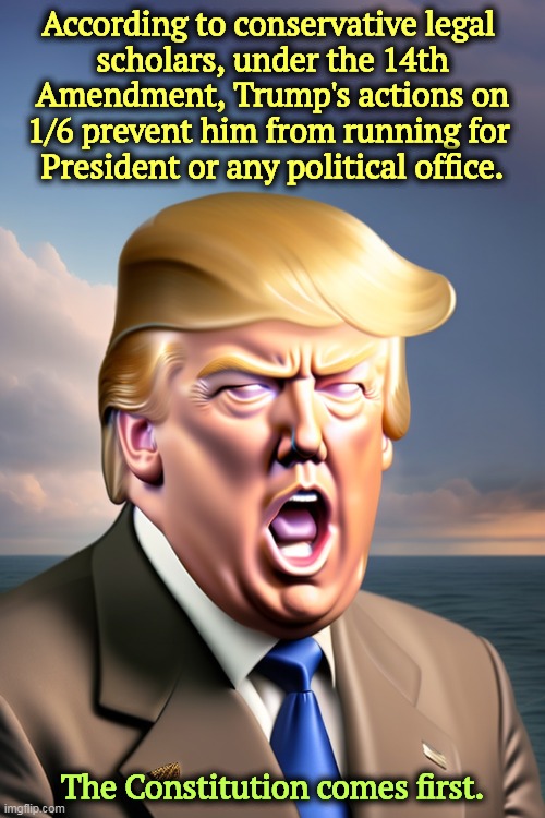 According to conservative legal 
scholars, under the 14th Amendment, Trump's actions on 1/6 prevent him from running for 
President or any political office. The Constitution comes first. | image tagged in trump,broke,constitution,never,president | made w/ Imgflip meme maker