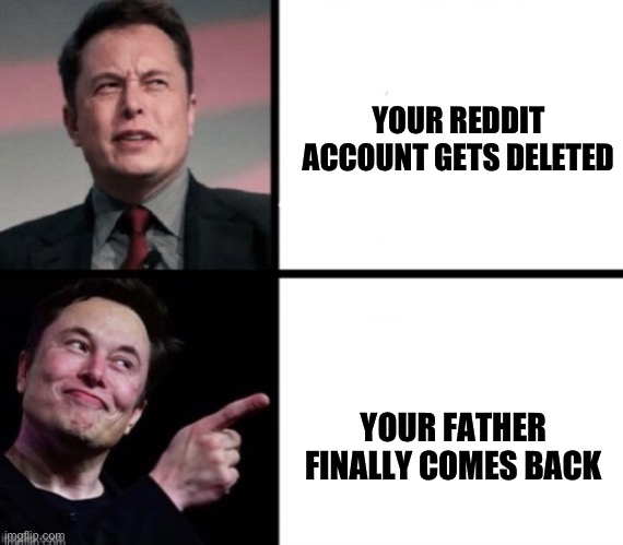 Disgusted  Elon musks happy Elon musk | YOUR REDDIT ACCOUNT GETS DELETED; YOUR FATHER FINALLY COMES BACK | image tagged in disgusted elon musks happy elon musk | made w/ Imgflip meme maker