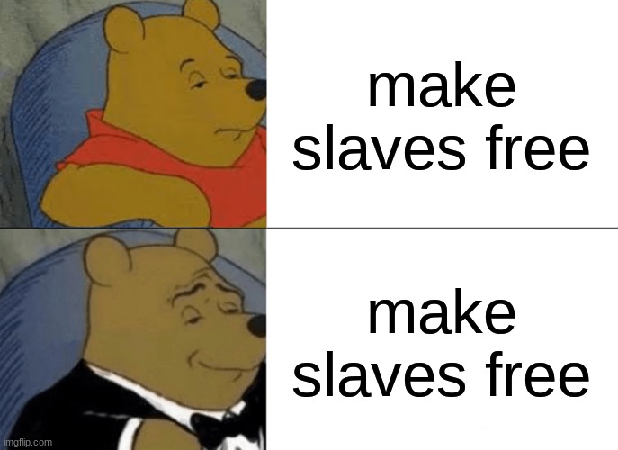 Tuxedo Winnie The Pooh Meme | make slaves free; make slaves free | image tagged in memes,tuxedo winnie the pooh | made w/ Imgflip meme maker