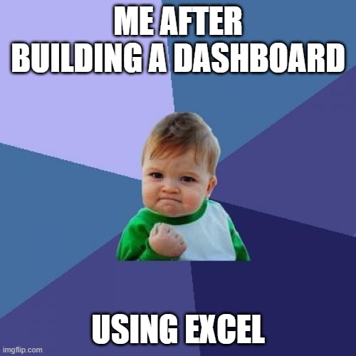 Excel Meme | ME AFTER BUILDING A DASHBOARD; USING EXCEL | image tagged in memes,success kid | made w/ Imgflip meme maker