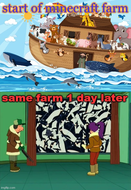 start of minecraft farm; same farm 1 day later | made w/ Imgflip meme maker