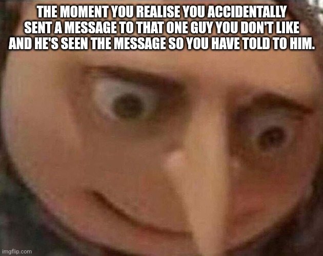 I should really just delete the DM chat | THE MOMENT YOU REALISE YOU ACCIDENTALLY SENT A MESSAGE TO THAT ONE GUY YOU DON'T LIKE AND HE'S SEEN THE MESSAGE SO YOU HAVE TOLD TO HIM. | image tagged in gru oh shit,text messages | made w/ Imgflip meme maker